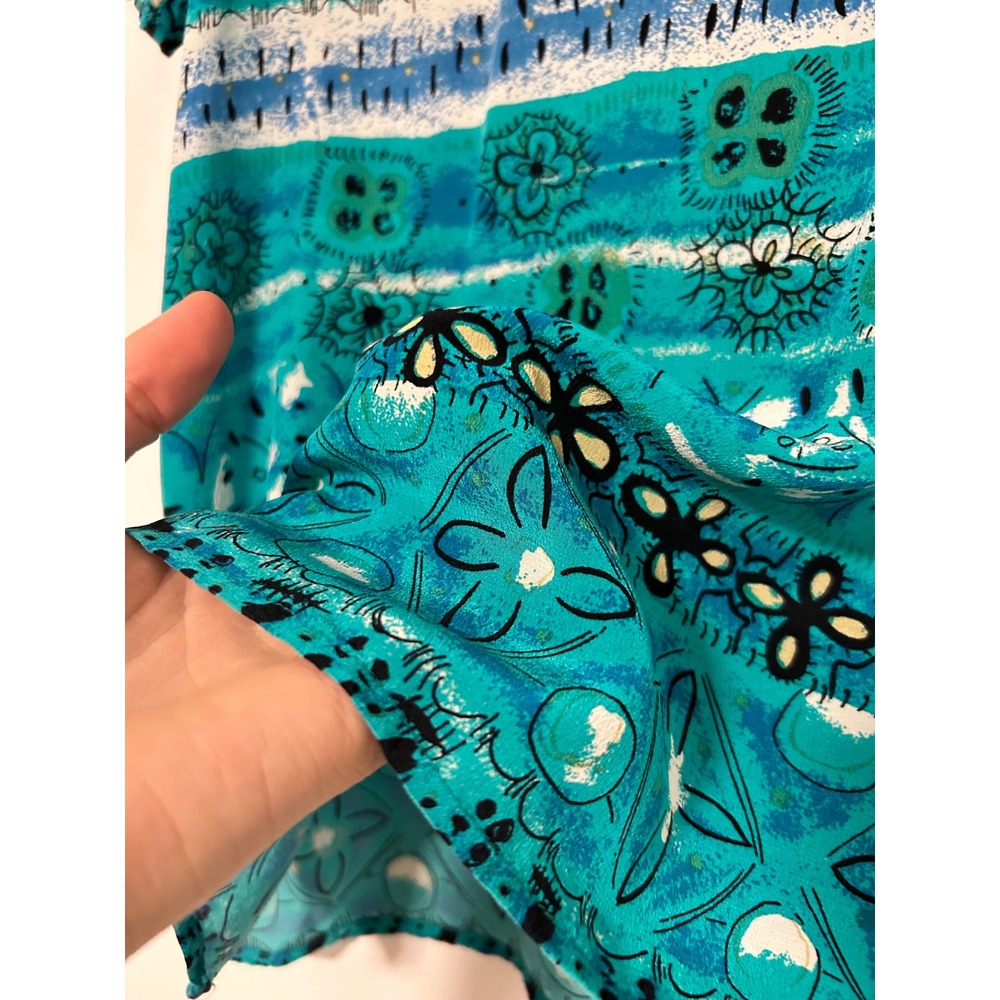 Kim Rogers Petite Small 100% Silk Teal Blue Abstract Geometric Short Sleeve Top - Picture 4 of 7